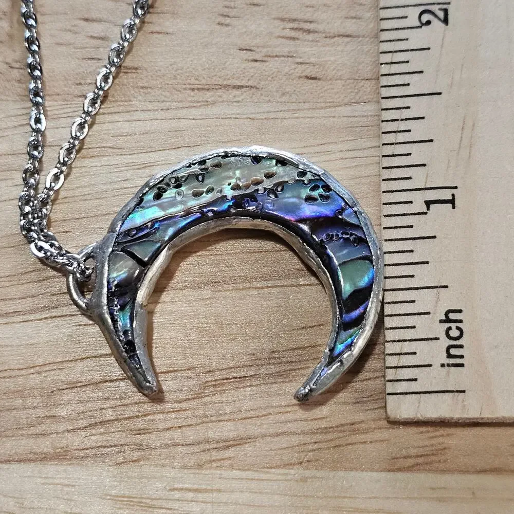 Abalone Crescent Moon Reversible Pendant Necklace with Silver Chain